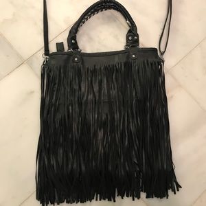 Black fringe faux leather boho bag